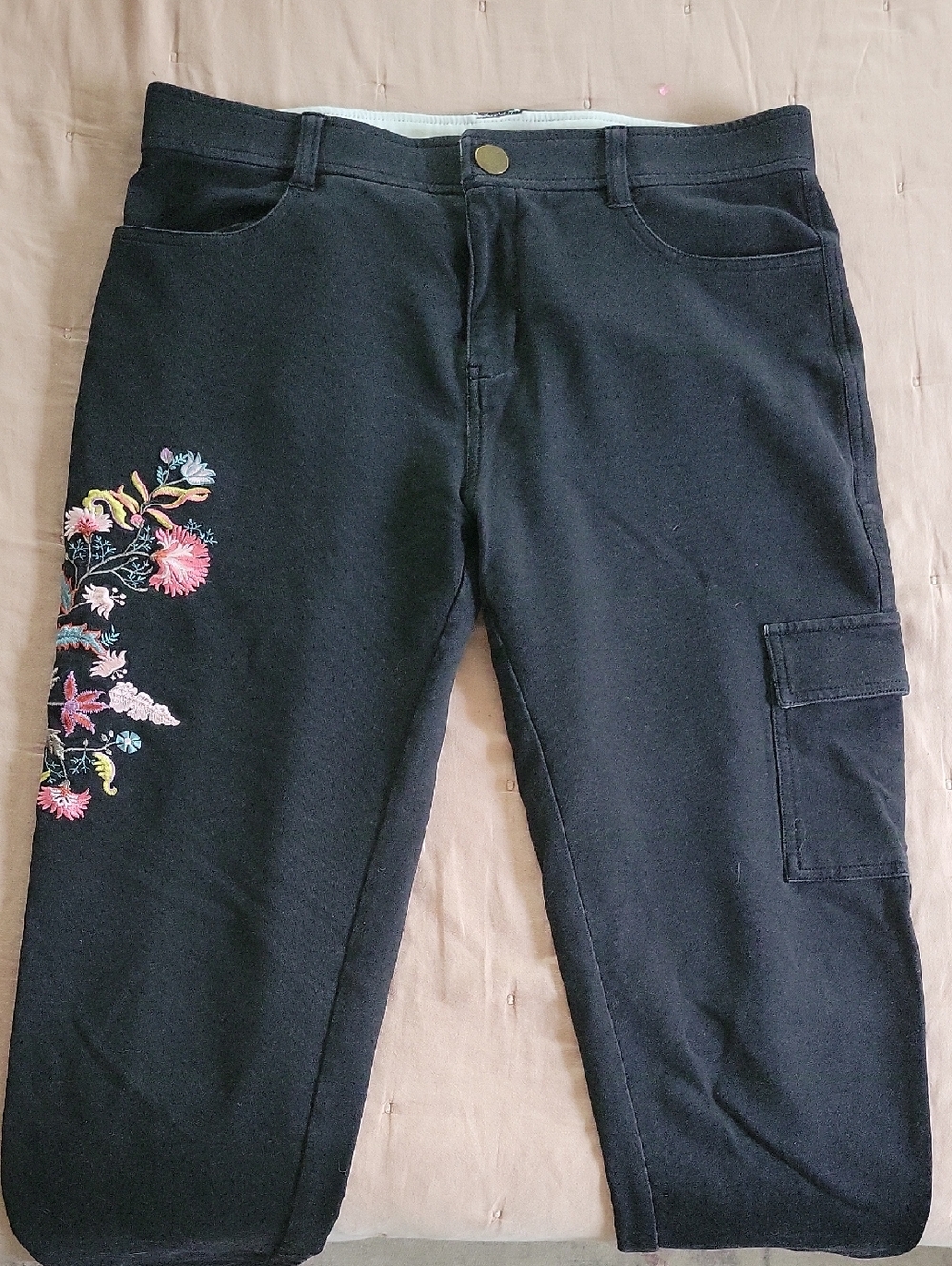 MATILDA JANE Black Cotton Stretch Cargo Pants with Floral Embroidery